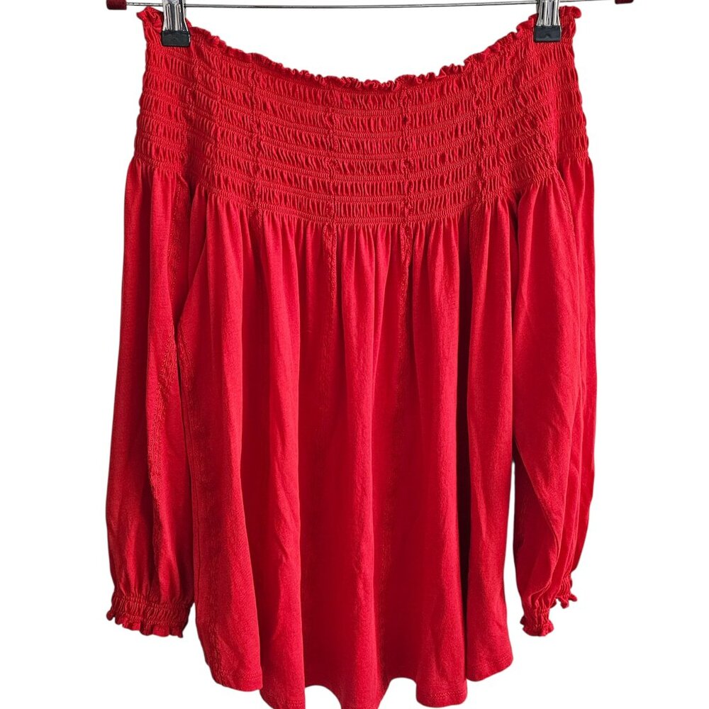 Ralph Lauren Red Smocked Off-Shoulder Breathable Cotton Top